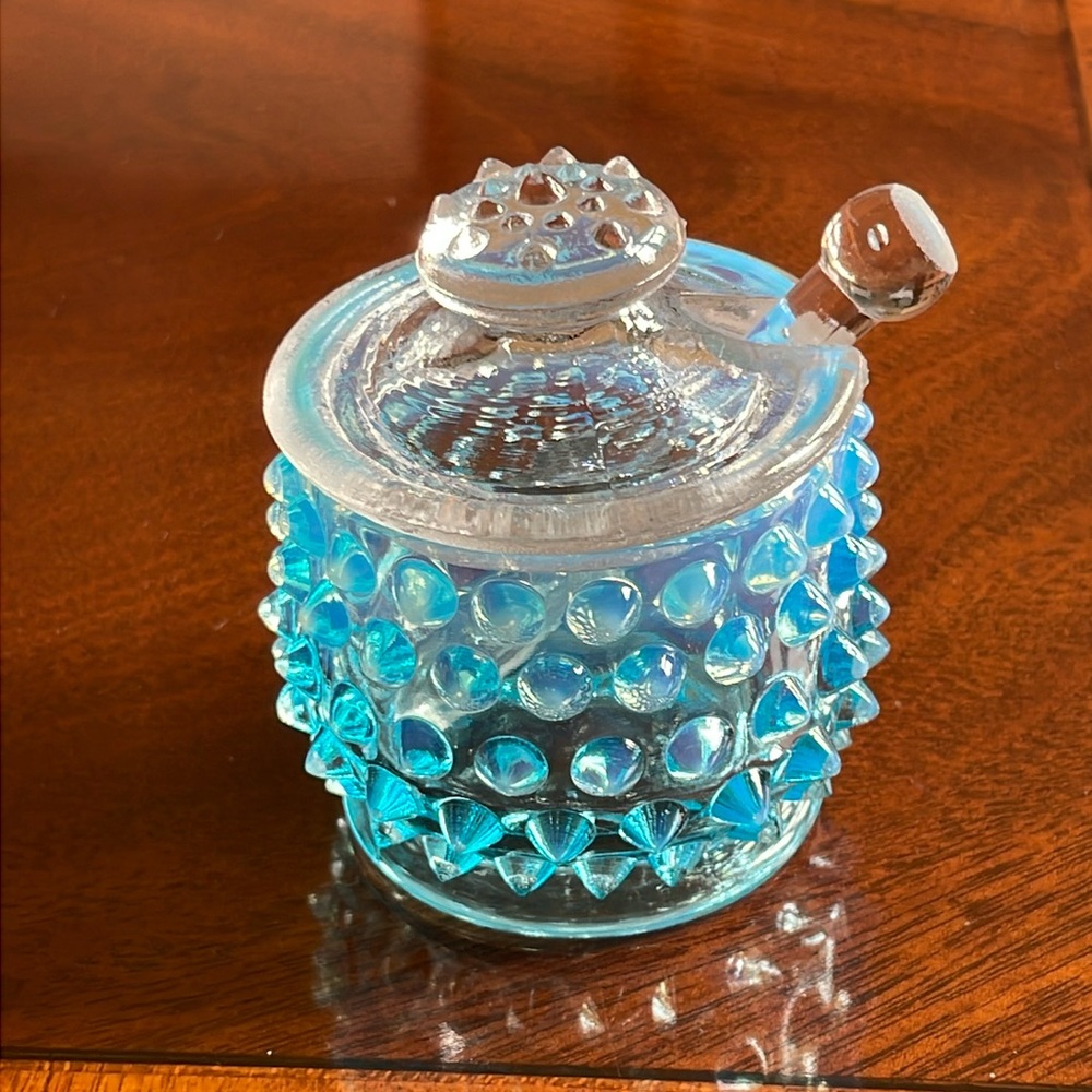 Fenton Blue opalescent mustard jar with ladle.